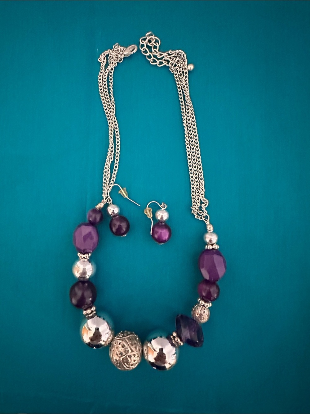 Purple Beaded Statement Necklace and Earrings Set